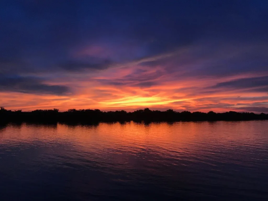 View of lake as the sun is setting behind trees.