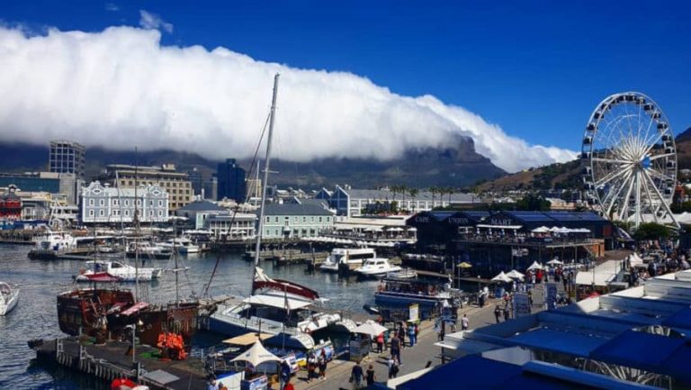 View of Cape Town's Table Mountain from a restaurant at the Waterfront.