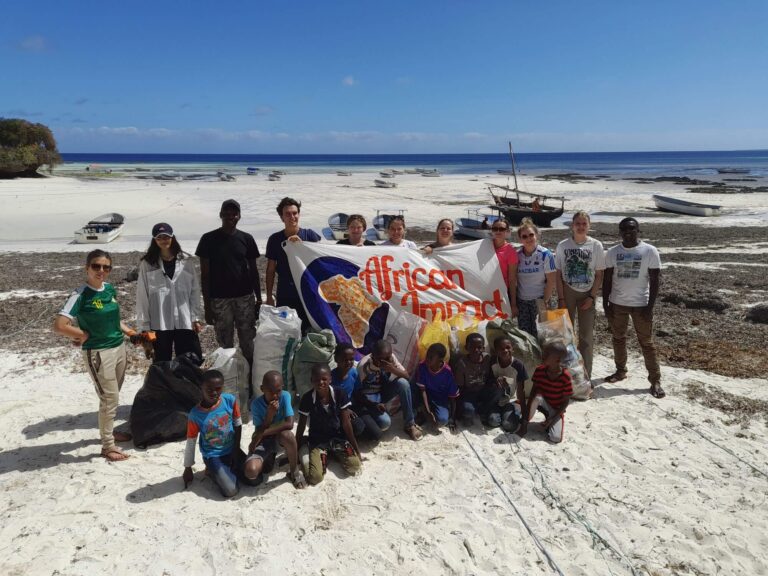 Group of volunteers standing with African impact flag on the beach.