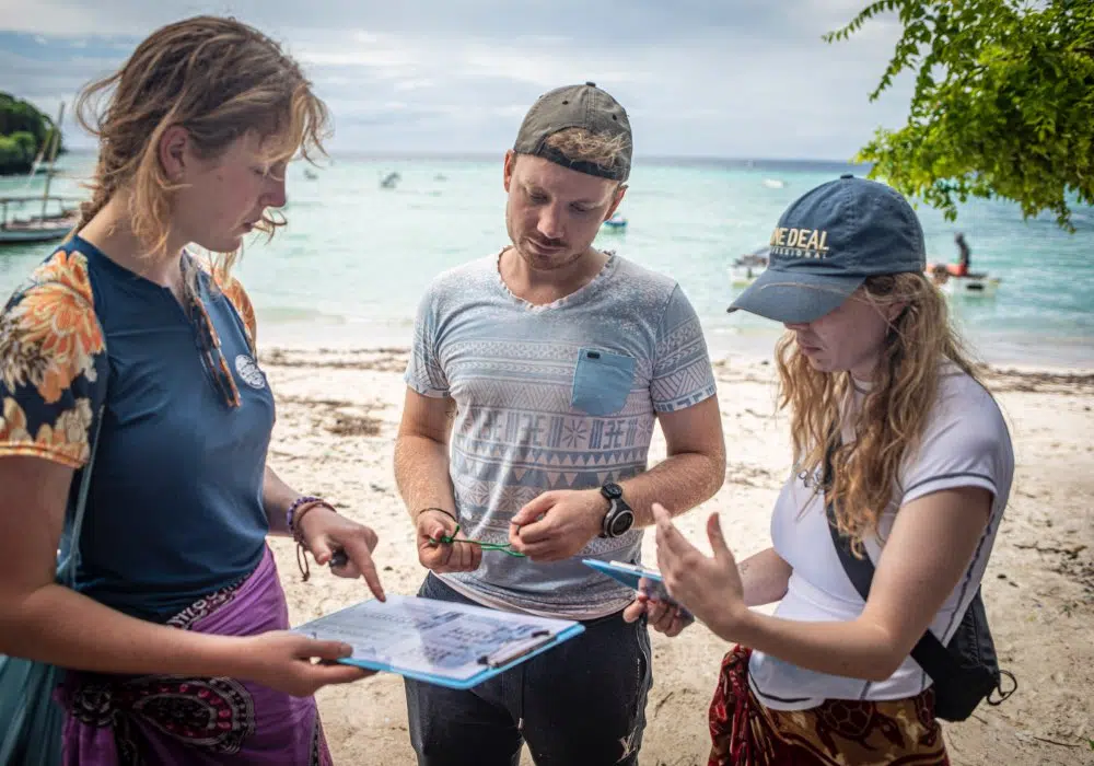 Three people on the beach examining data on a tablet, with ocean waves in the background.